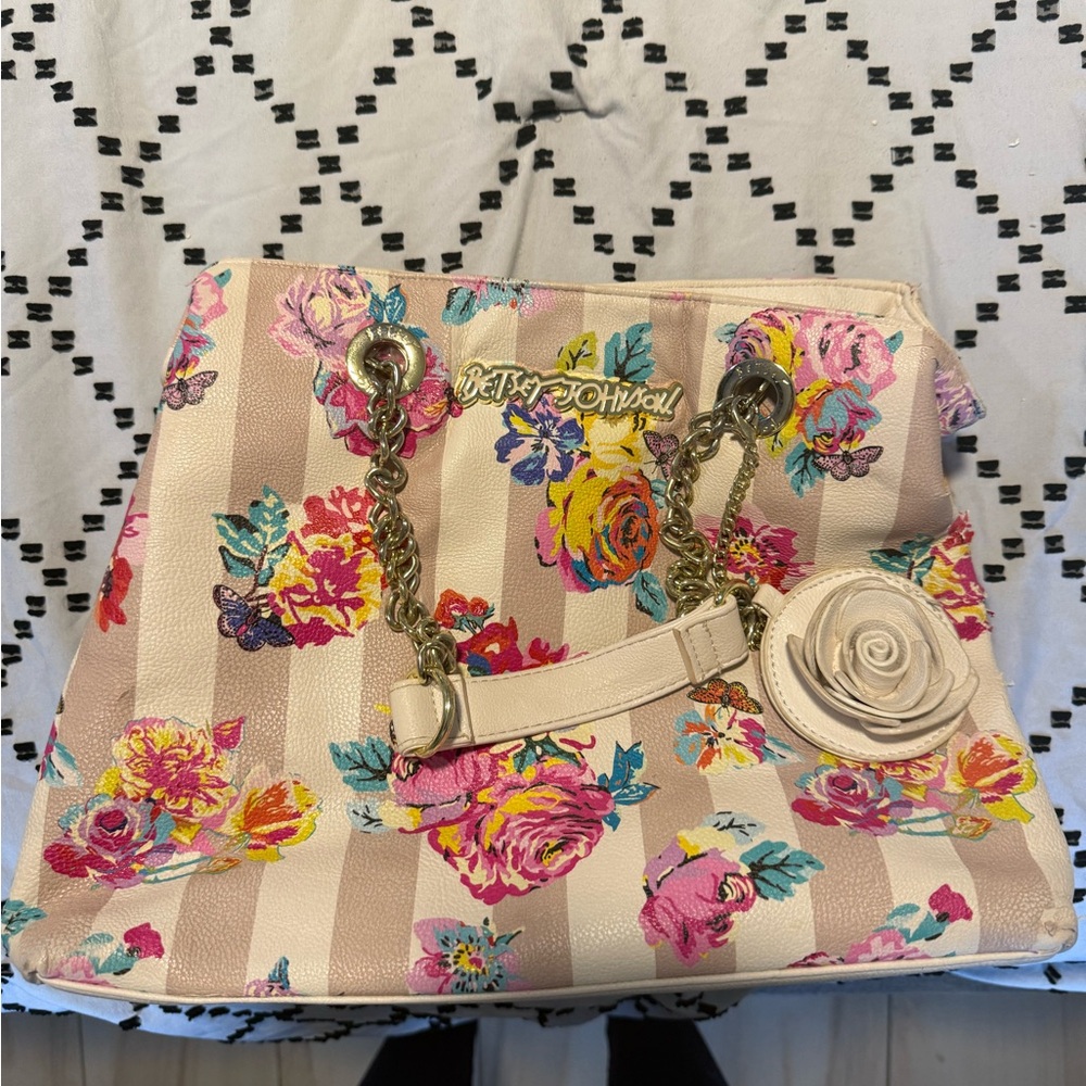 Betsey Johnson Pink & Cream Floral Stripe Tote with Gold Chain Handles